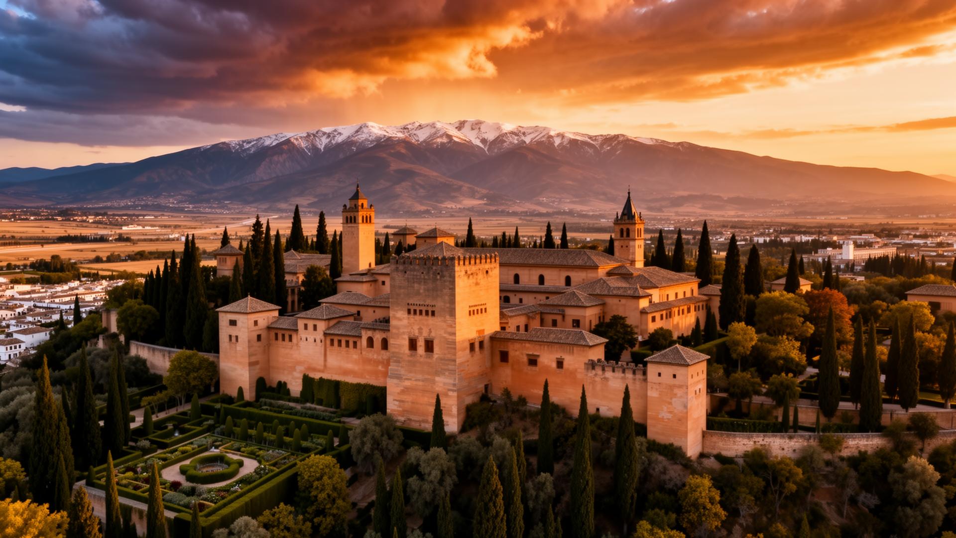The Alhambra at golden hour with the Sierra Nevada behind